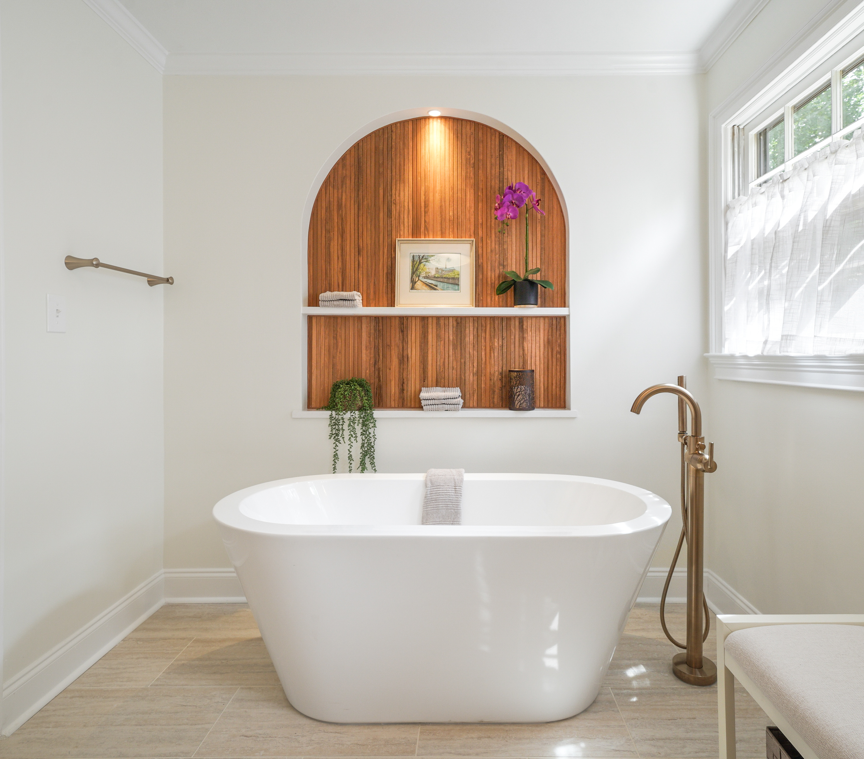 Contemporary bathroom with wood accent wall