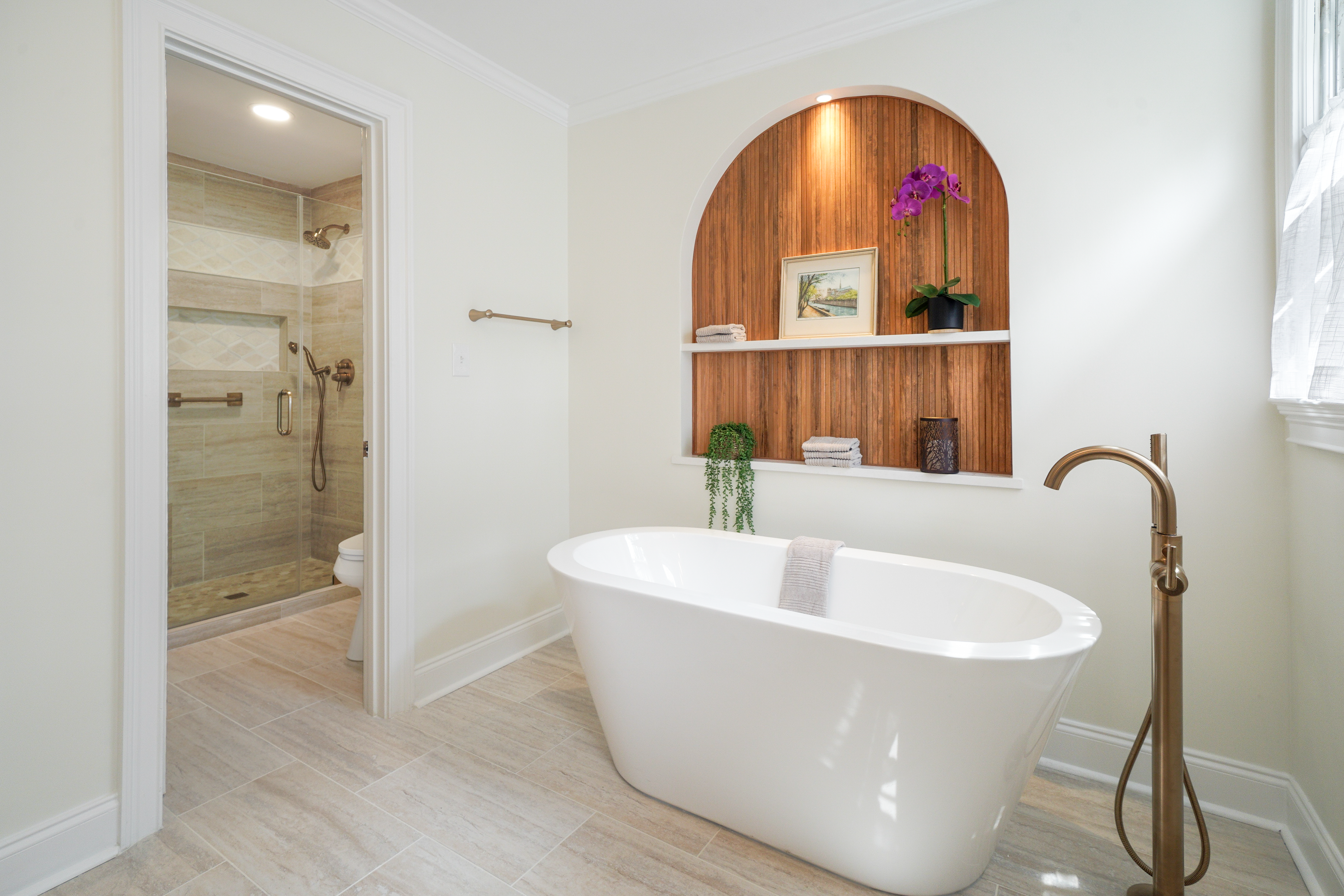 Spa-like bathroom with freestanding tub